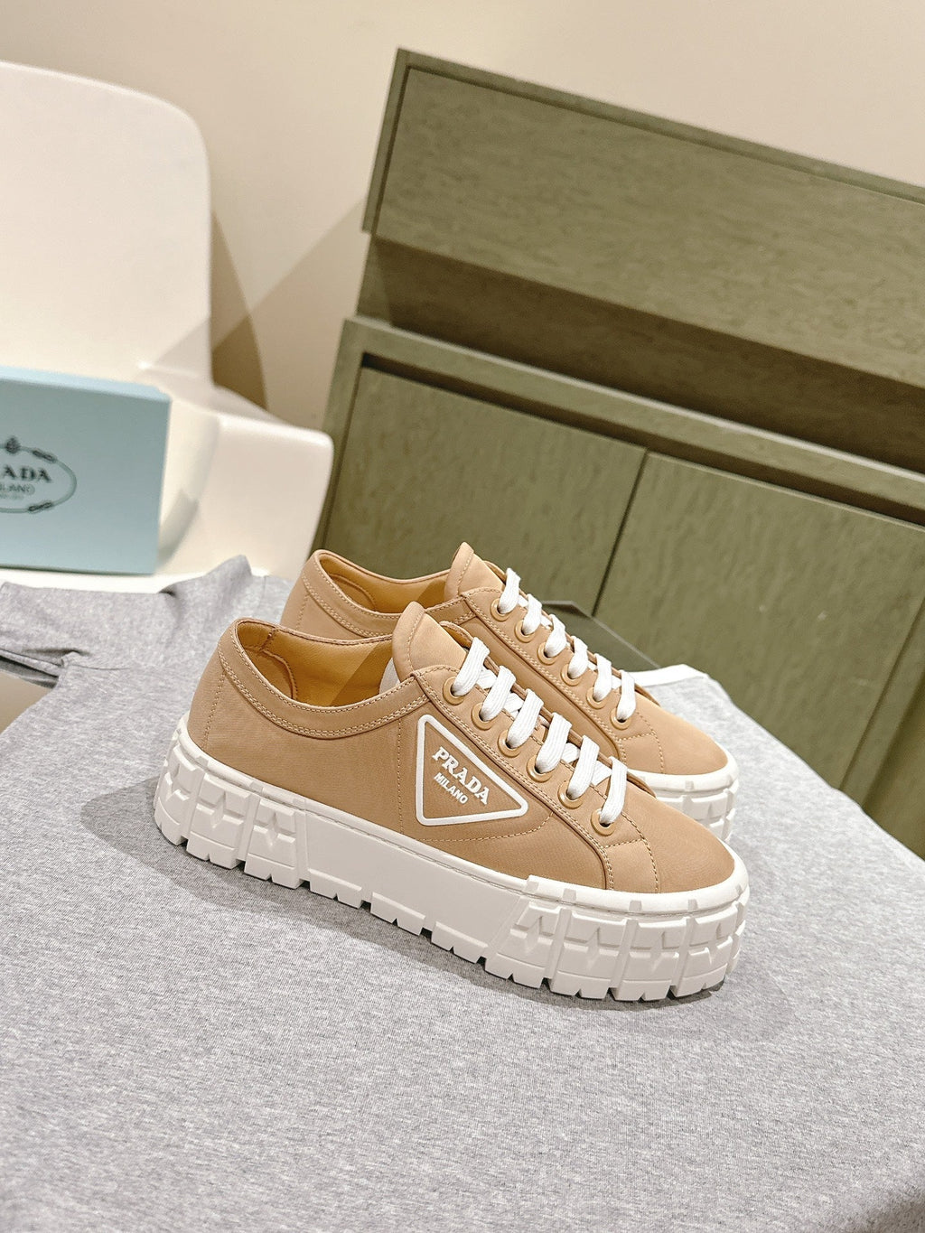 PRADA DOUBLE WHEEL RE-NYLON GABARDINE SNEAKERS TUSCAN CALFSKIN