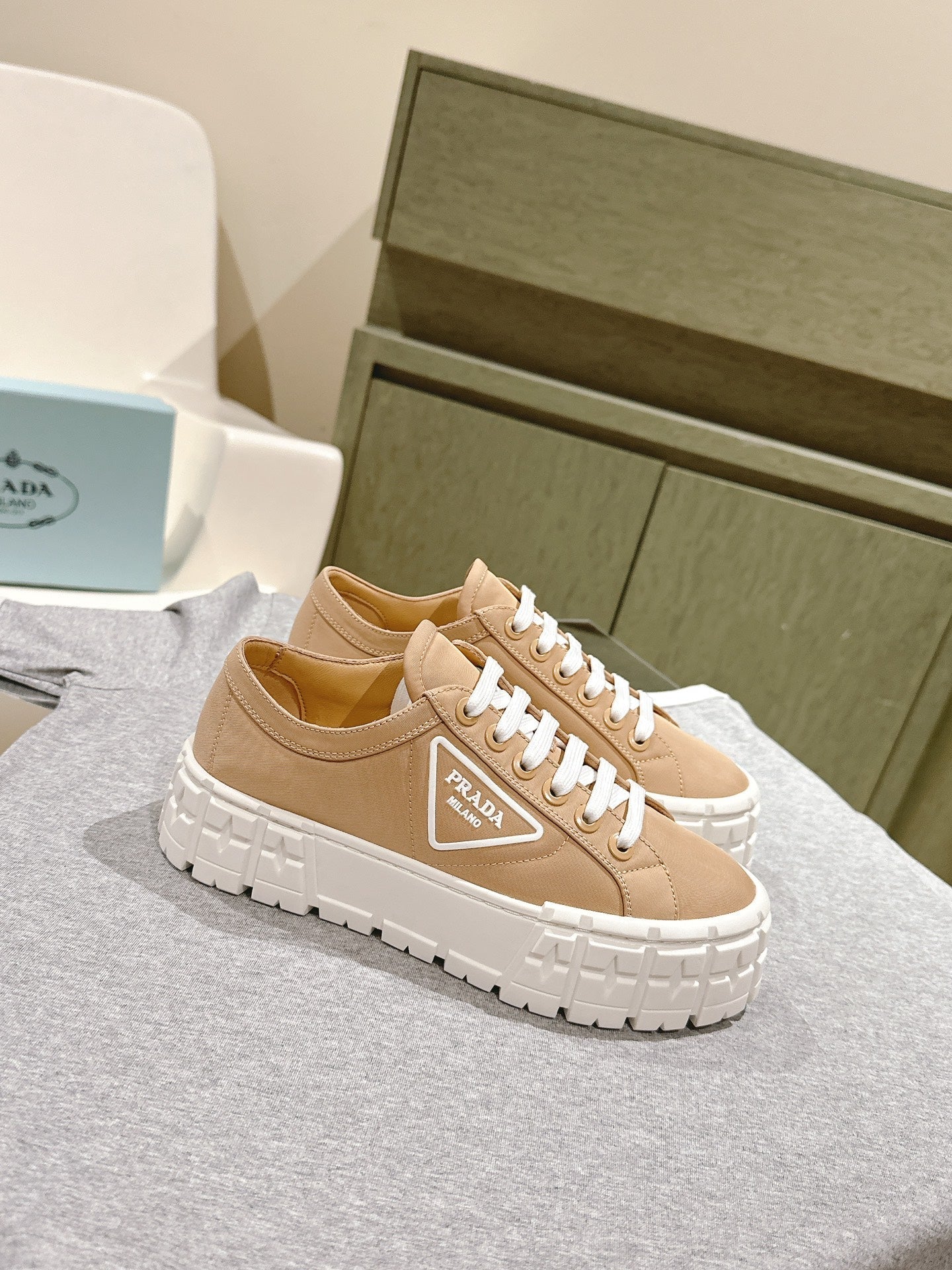 PRADA DOUBLE WHEEL RE-NYLON GABARDINE SNEAKERS TUSCAN CALFSKIN