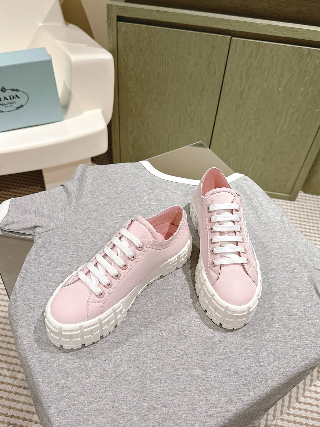 PRADA DOUBLE WHEEL RE-NYLON GABARDINE SNEAKERS PASTEL PINK CALFSKIN