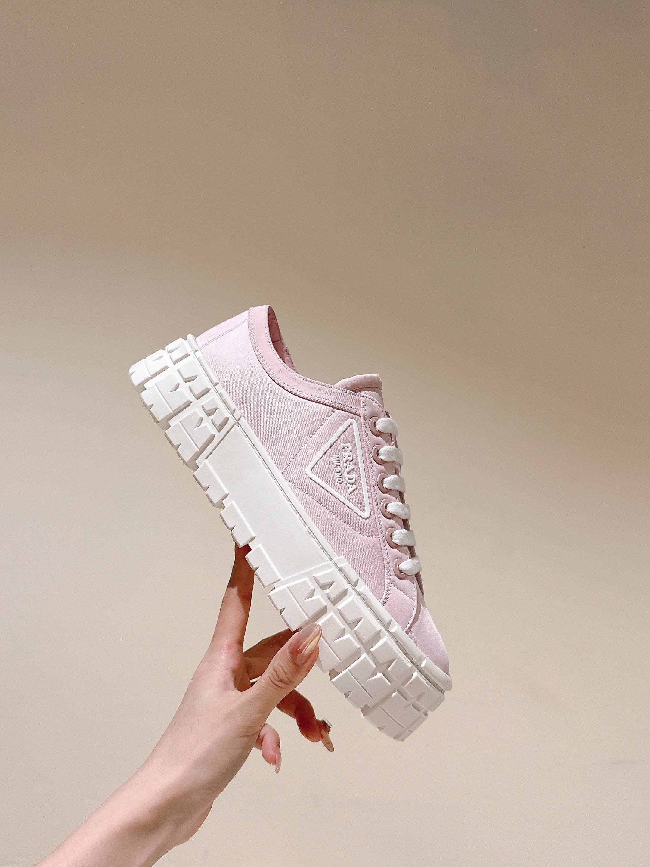 PRADA DOUBLE WHEEL RE-NYLON GABARDINE SNEAKERS PASTEL PINK CALFSKIN