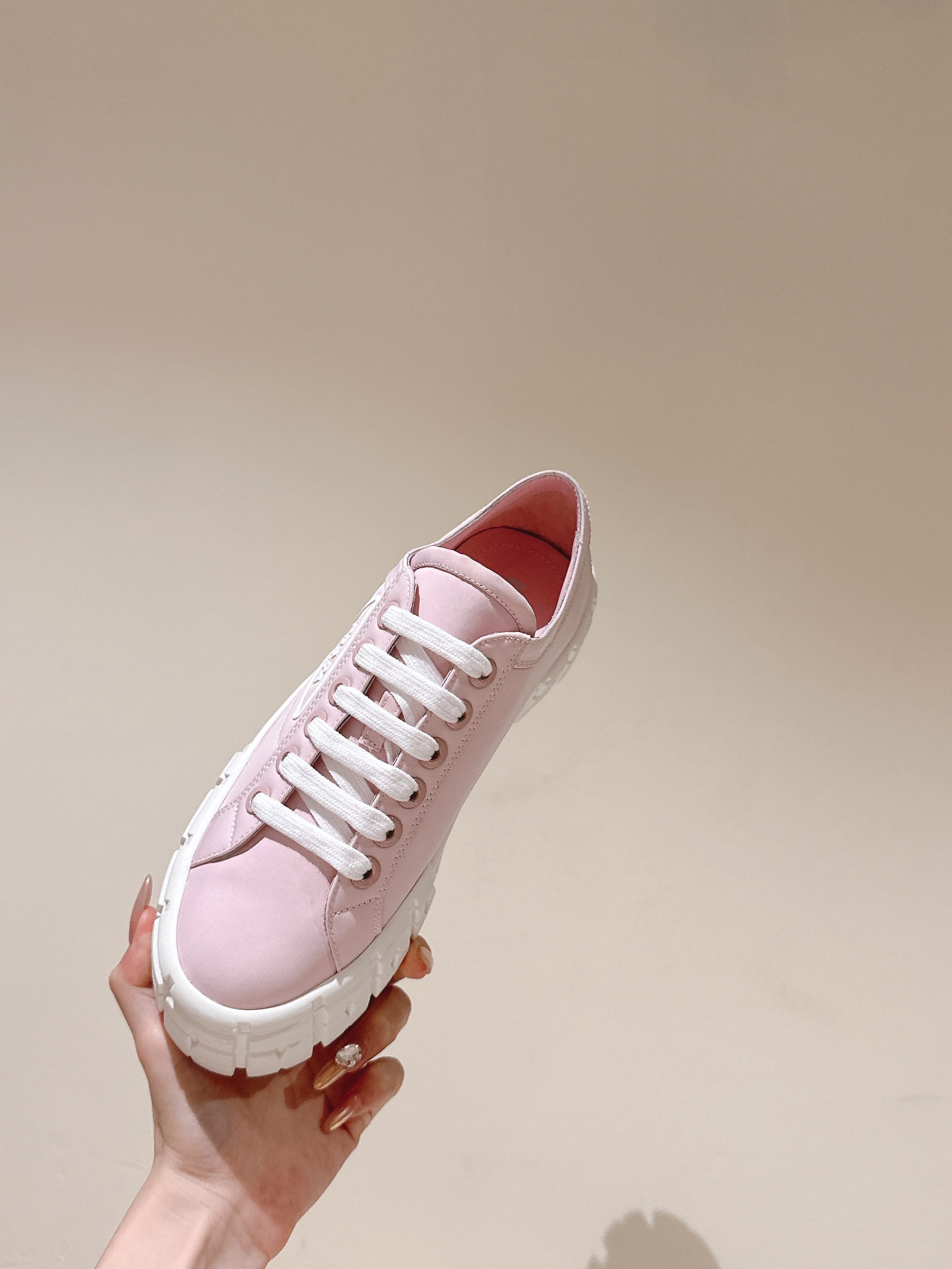 PRADA DOUBLE WHEEL RE-NYLON GABARDINE SNEAKERS PASTEL PINK CALFSKIN