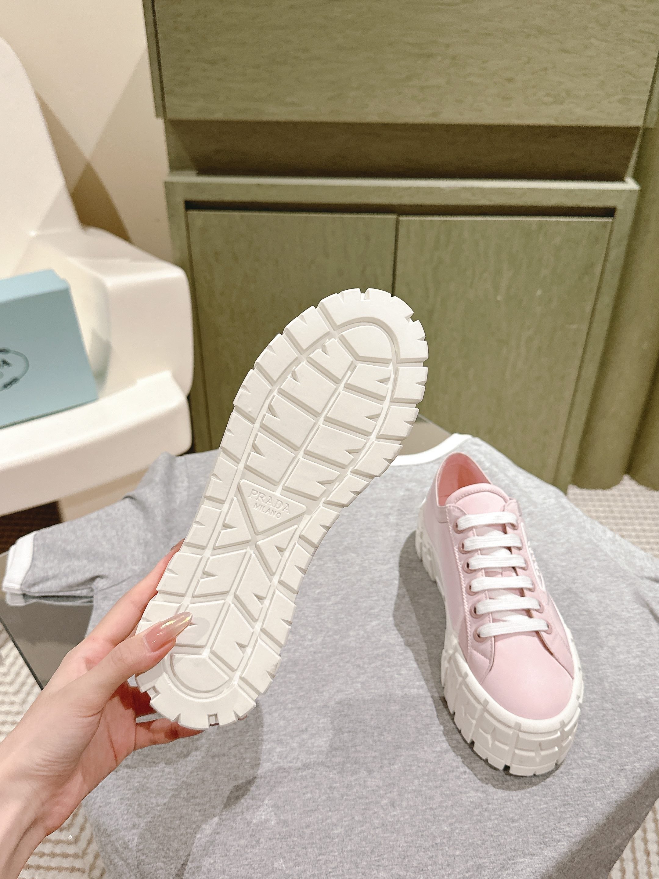 PRADA DOUBLE WHEEL RE-NYLON GABARDINE SNEAKERS PASTEL PINK CALFSKIN