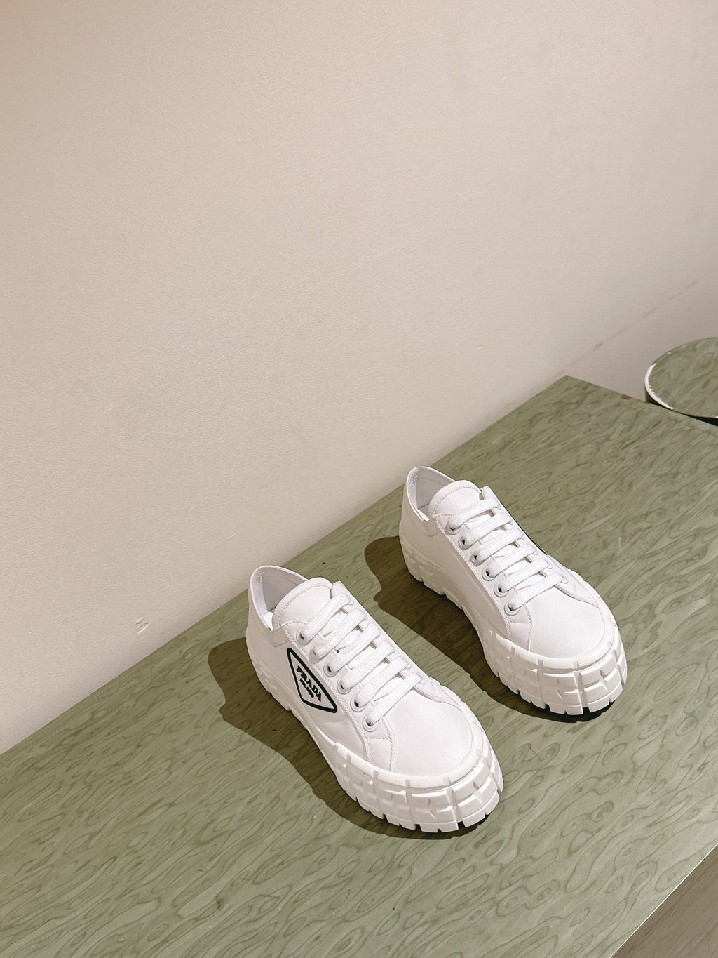 PRADA DOUBLE WHEEL RE-NYLON GABARDINE SNEAKERS WHITE CALFSKIN