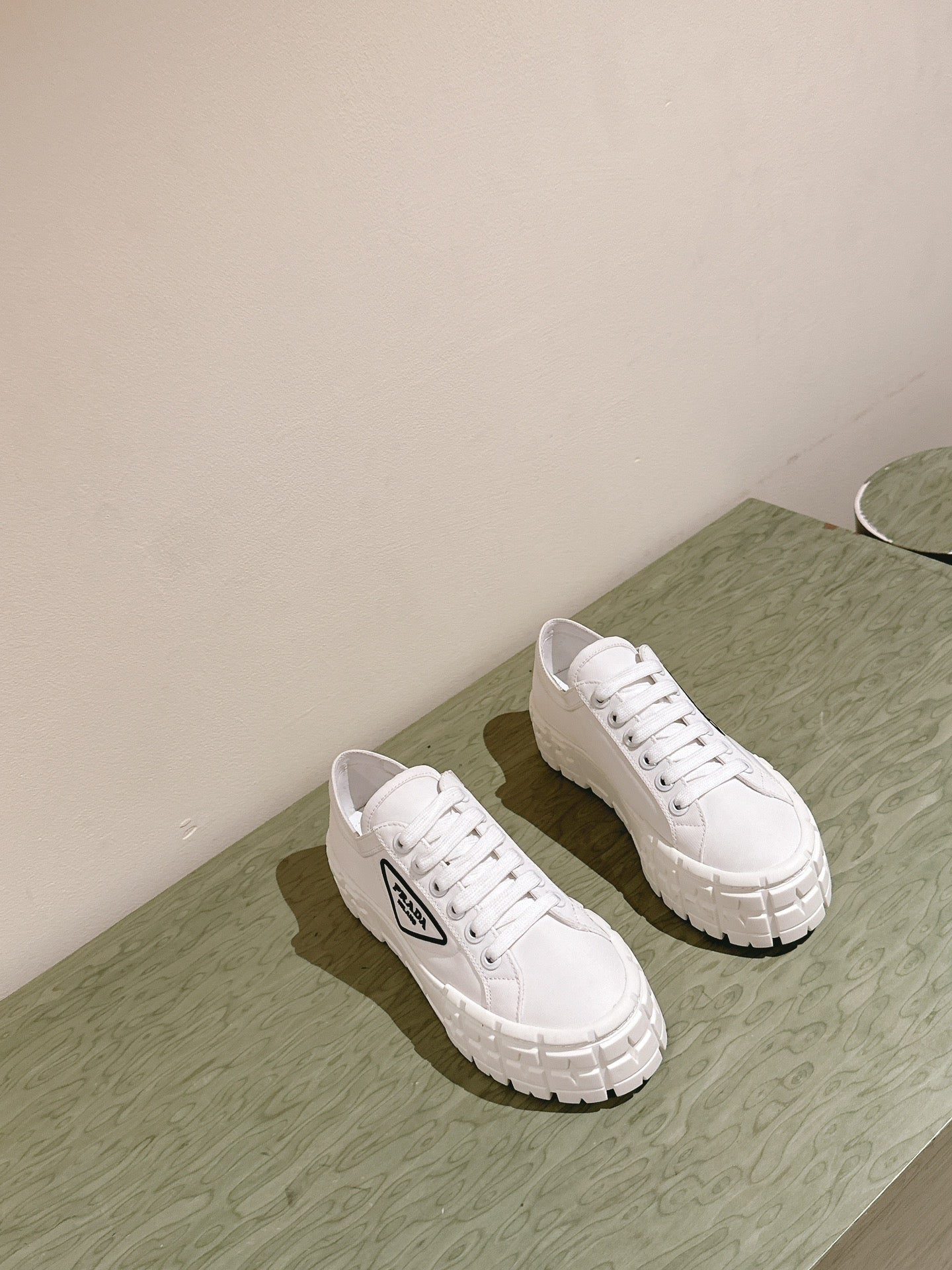 PRADA DOUBLE WHEEL RE-NYLON GABARDINE SNEAKERS WHITE CALFSKIN