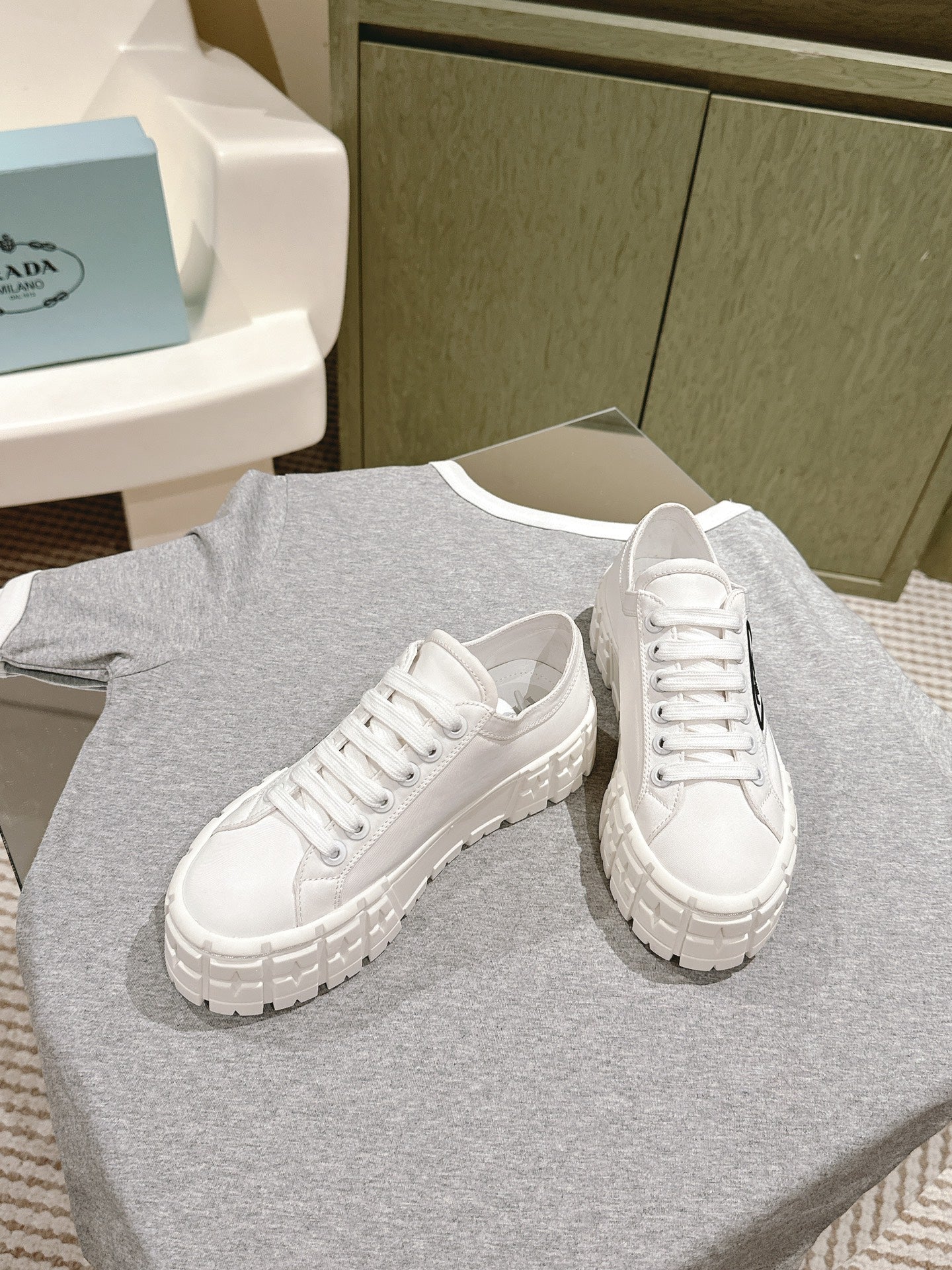 PRADA DOUBLE WHEEL RE-NYLON GABARDINE SNEAKERS WHITE CALFSKIN