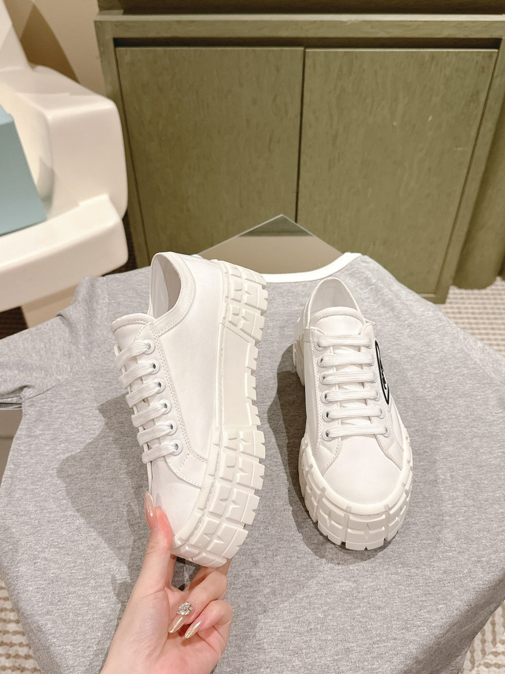 PRADA DOUBLE WHEEL RE-NYLON GABARDINE SNEAKERS WHITE CALFSKIN