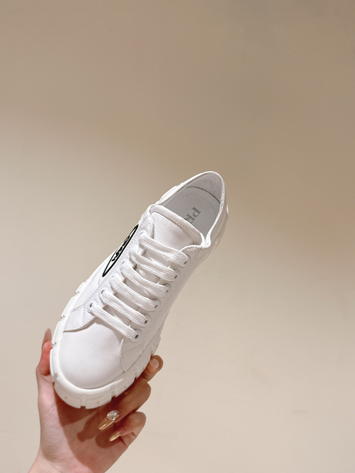 PRADA DOUBLE WHEEL RE-NYLON GABARDINE SNEAKERS WHITE CALFSKIN