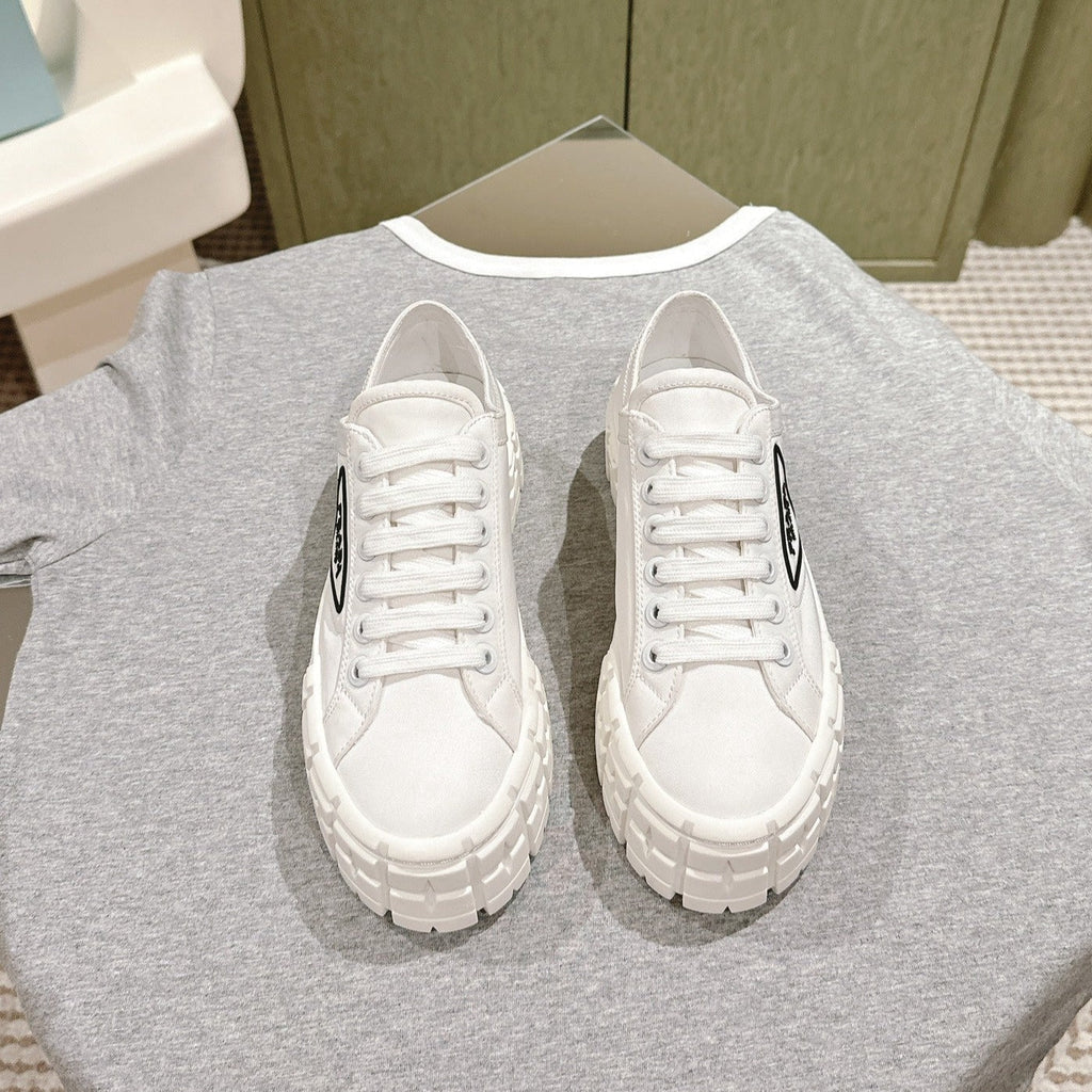 PRADA DOUBLE WHEEL RE-NYLON GABARDINE SNEAKERS WHITE CALFSKIN