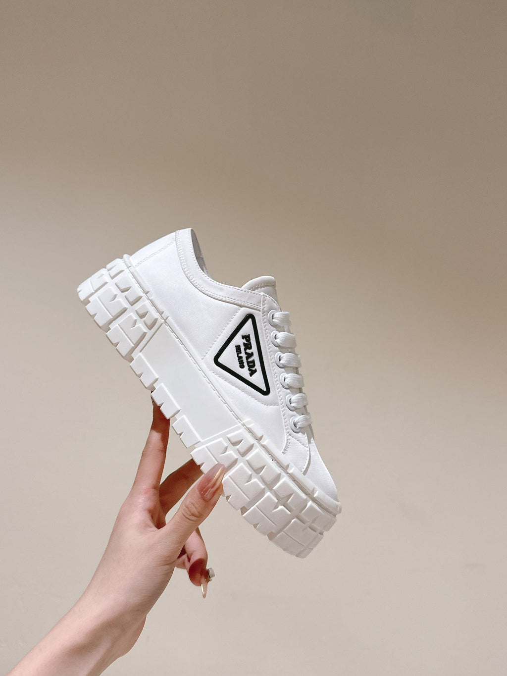 PRADA DOUBLE WHEEL RE-NYLON GABARDINE SNEAKERS WHITE CALFSKIN