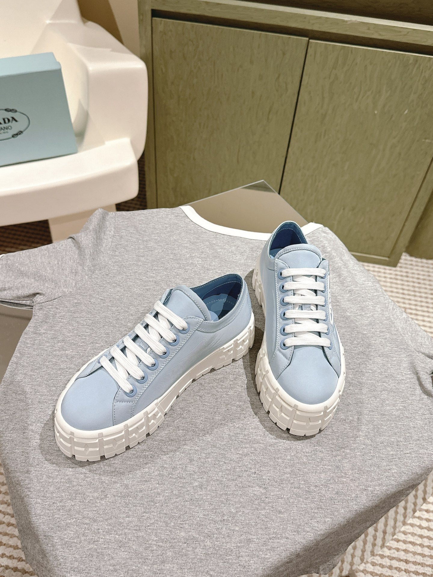 PRADA DOUBLE WHEEL RE-NYLON GABARDINE SNEAKERS SKY CALFSKIN