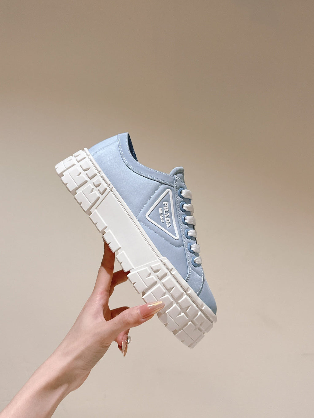 PRADA DOUBLE WHEEL RE-NYLON GABARDINE SNEAKERS SKY CALFSKIN