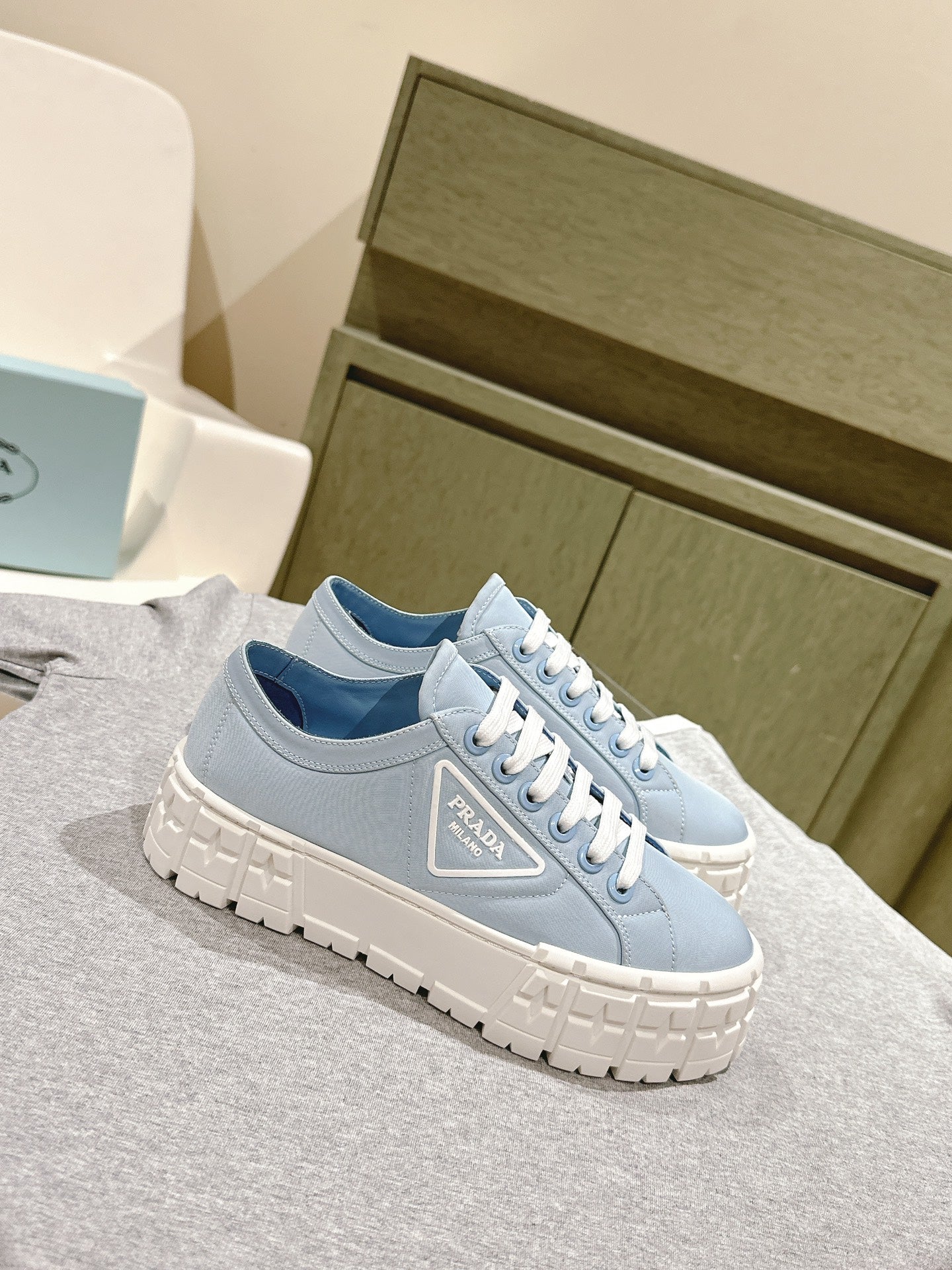 PRADA DOUBLE WHEEL RE-NYLON GABARDINE SNEAKERS SKY CALFSKIN