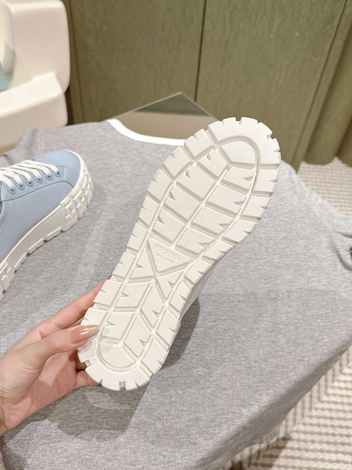 PRADA DOUBLE WHEEL RE-NYLON GABARDINE SNEAKERS SKY CALFSKIN
