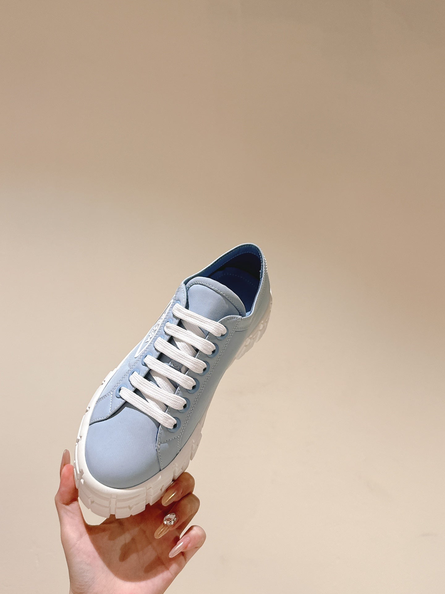 PRADA DOUBLE WHEEL RE-NYLON GABARDINE SNEAKERS SKY CALFSKIN