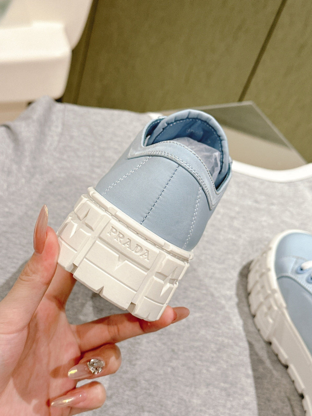 PRADA DOUBLE WHEEL RE-NYLON GABARDINE SNEAKERS SKY CALFSKIN