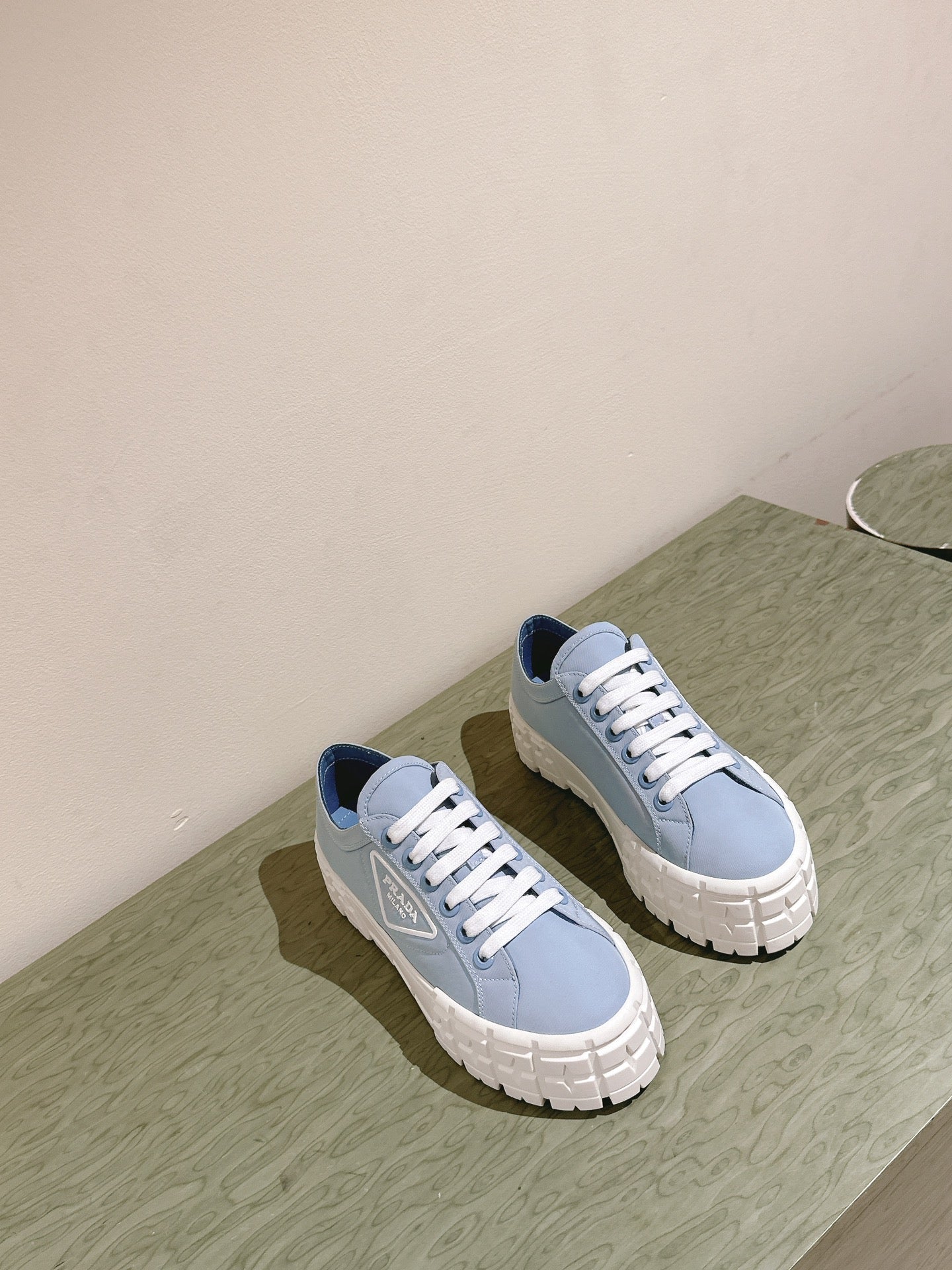 PRADA DOUBLE WHEEL RE-NYLON GABARDINE SNEAKERS SKY CALFSKIN