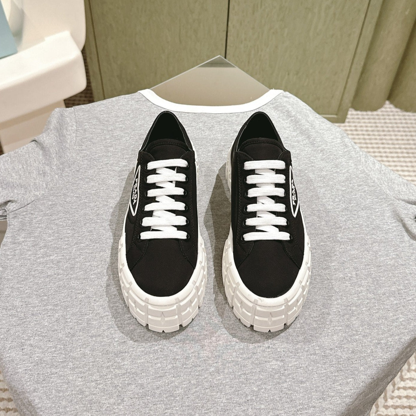 PRADA DOUBLE WHEEL RE-NYLON GABARDINE SNEAKERS BLACK CALFSKIN