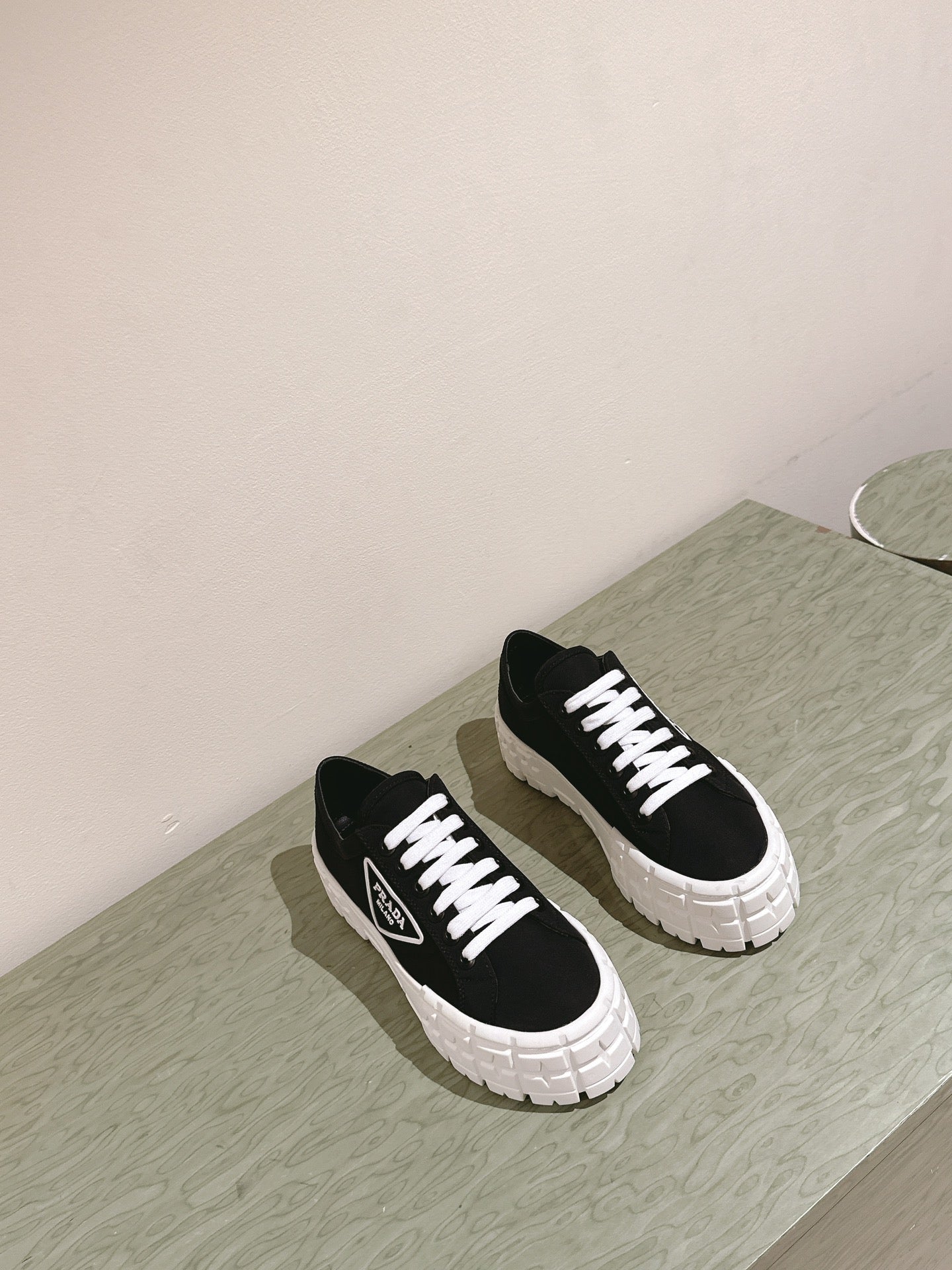 PRADA DOUBLE WHEEL RE-NYLON GABARDINE SNEAKERS BLACK CALFSKIN