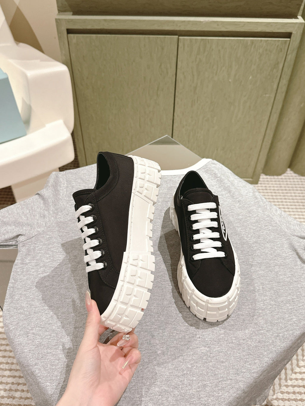 PRADA DOUBLE WHEEL RE-NYLON GABARDINE SNEAKERS BLACK CALFSKIN