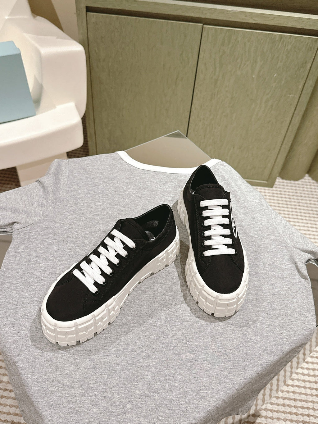 PRADA DOUBLE WHEEL RE-NYLON GABARDINE SNEAKERS BLACK CALFSKIN
