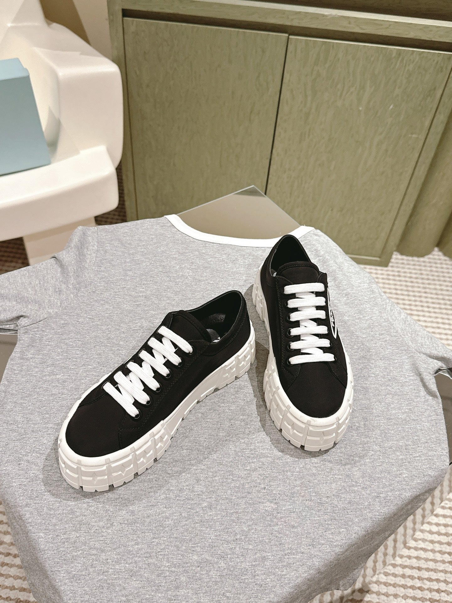 PRADA DOUBLE WHEEL RE-NYLON GABARDINE SNEAKERS BLACK CALFSKIN