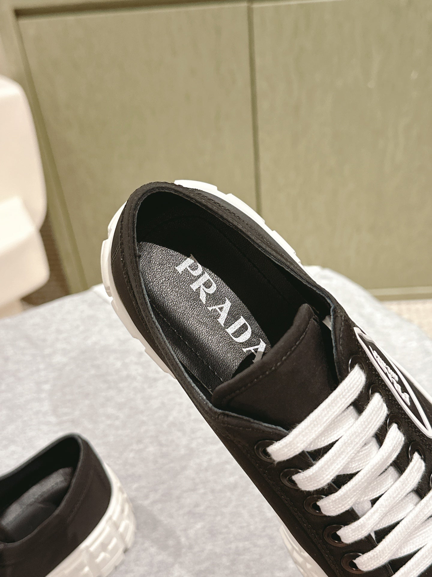 PRADA DOUBLE WHEEL RE-NYLON GABARDINE SNEAKERS BLACK CALFSKIN