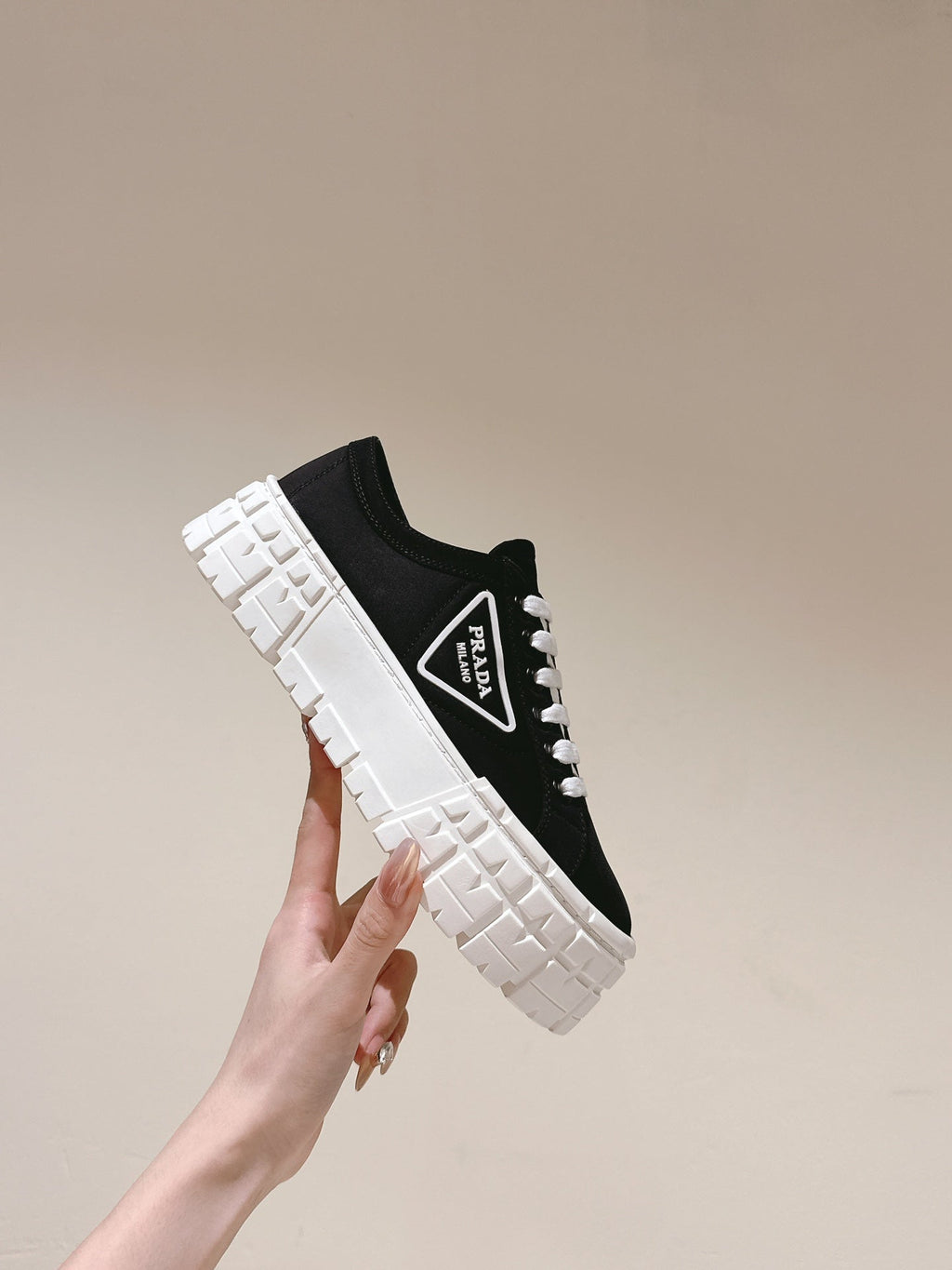 PRADA DOUBLE WHEEL RE-NYLON GABARDINE SNEAKERS BLACK CALFSKIN