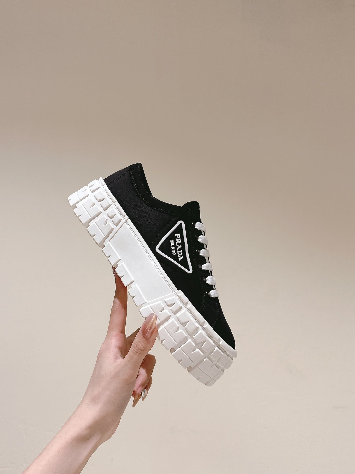 PRADA DOUBLE WHEEL RE-NYLON GABARDINE SNEAKERS BLACK CALFSKIN