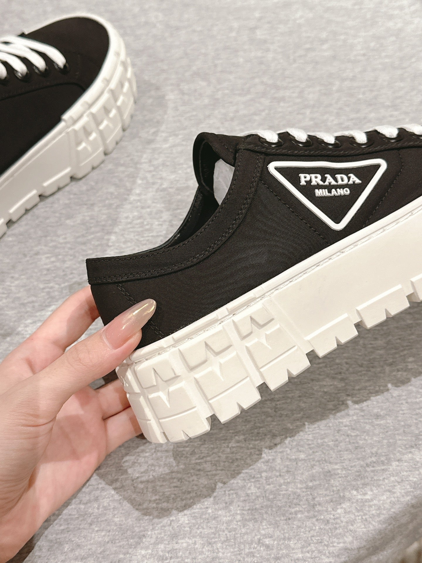 PRADA DOUBLE WHEEL RE-NYLON GABARDINE SNEAKERS BLACK CALFSKIN