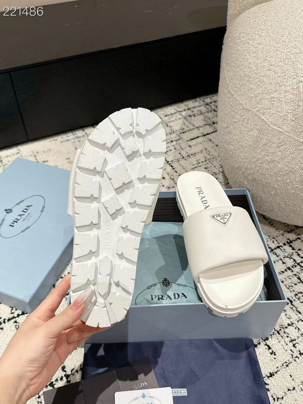 PRADA 25S PADDED SLIDES IN WHITE CALFSKIN WITH LOGO