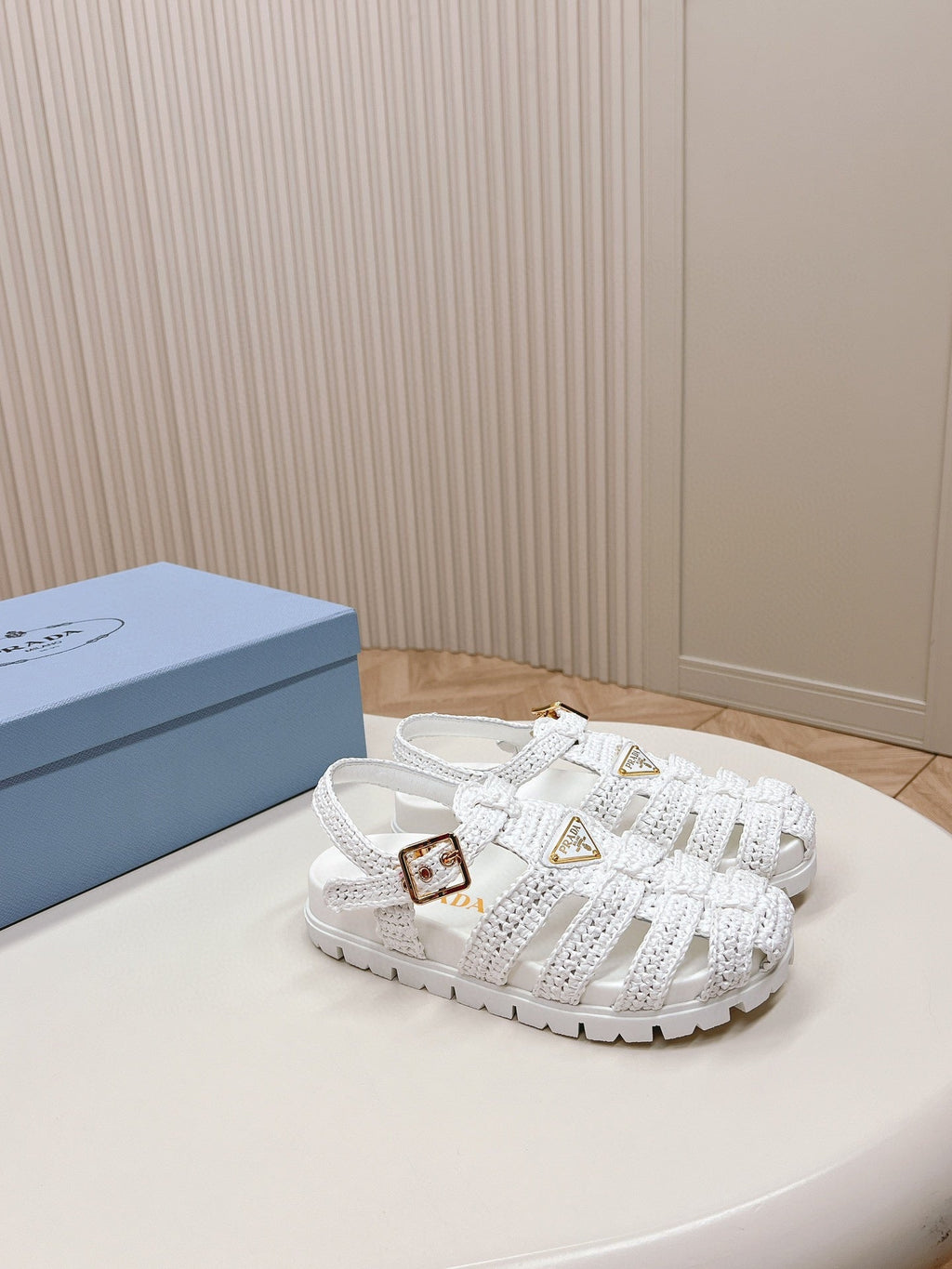 PRADA RUBBER FISHERMAN SANLS WHITE LAMBSKIN