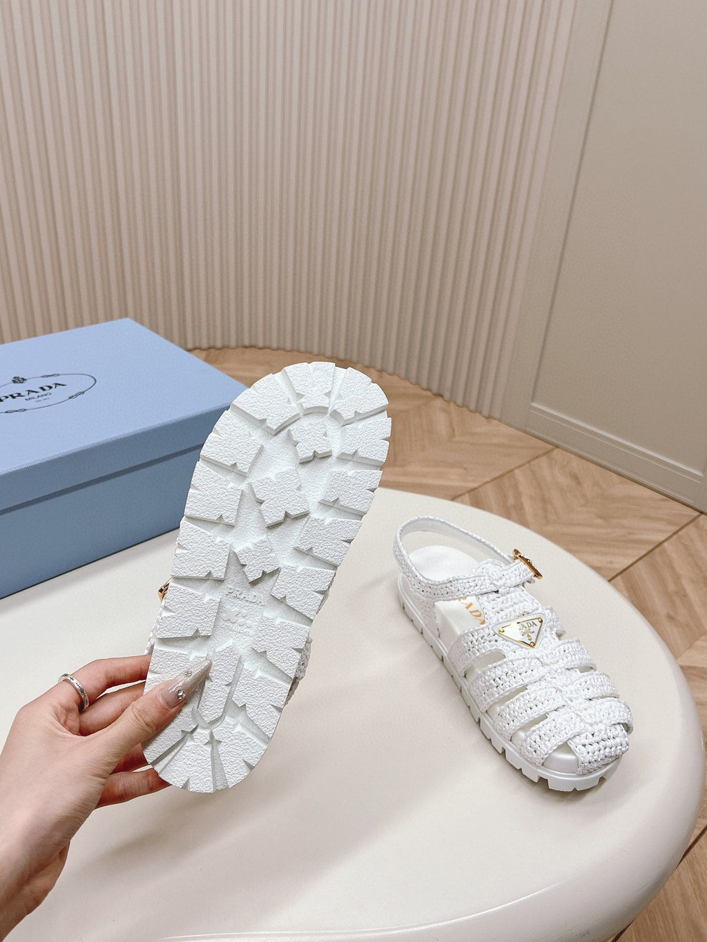 PRADA RUBBER FISHERMAN SANLS WHITE LAMBSKIN