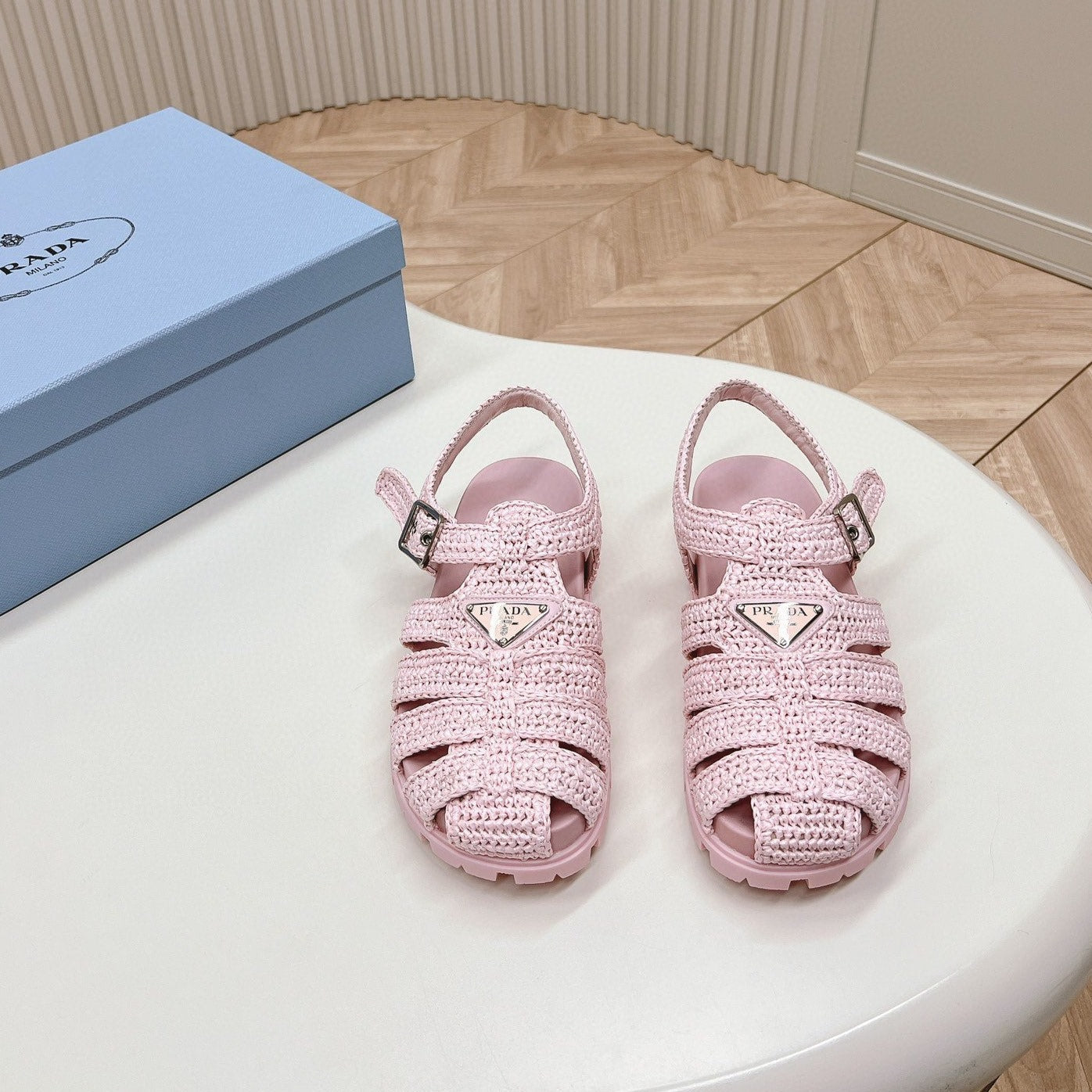 PRADA RUBBER FISHERMAN SANLS LIGHT PINK LAMBSKIN