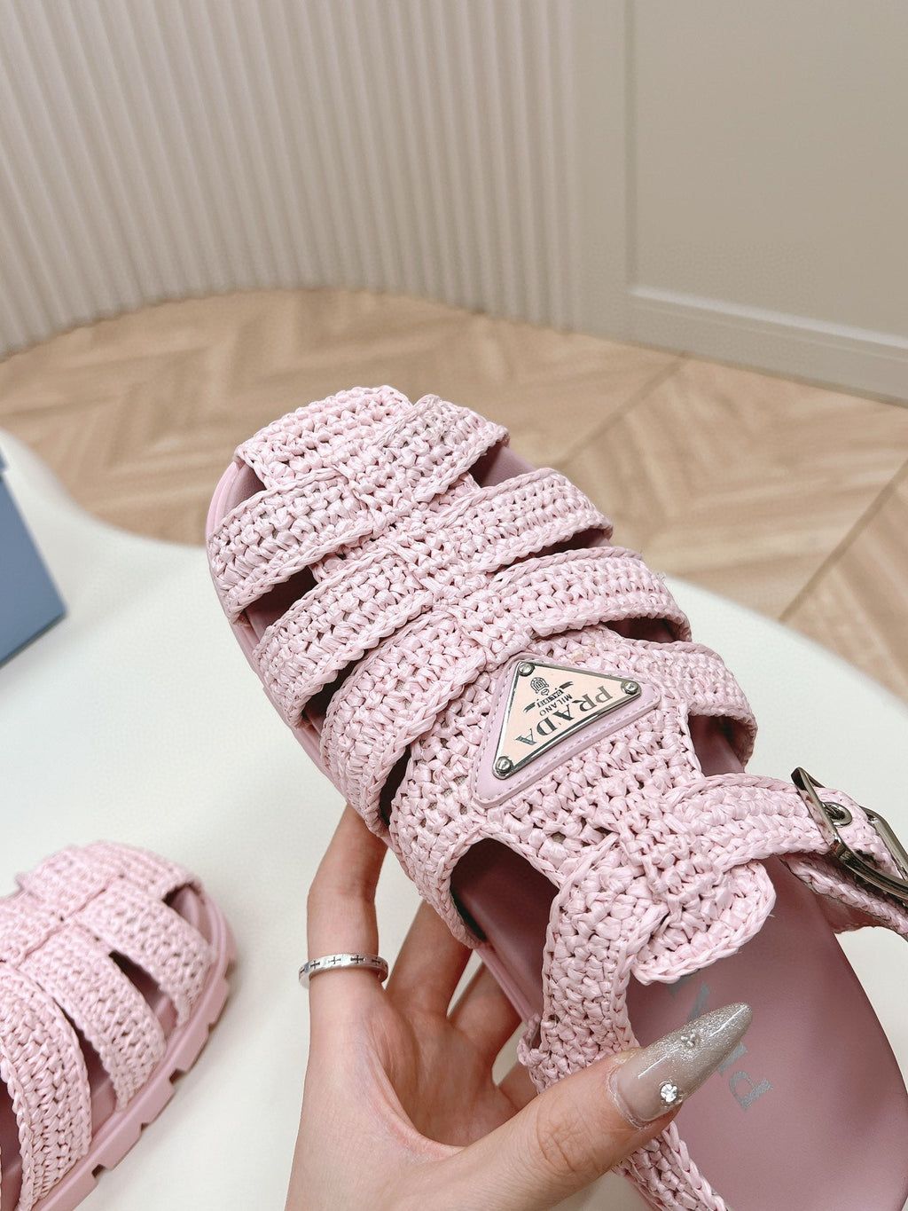 PRADA RUBBER FISHERMAN SANLS LIGHT PINK LAMBSKIN