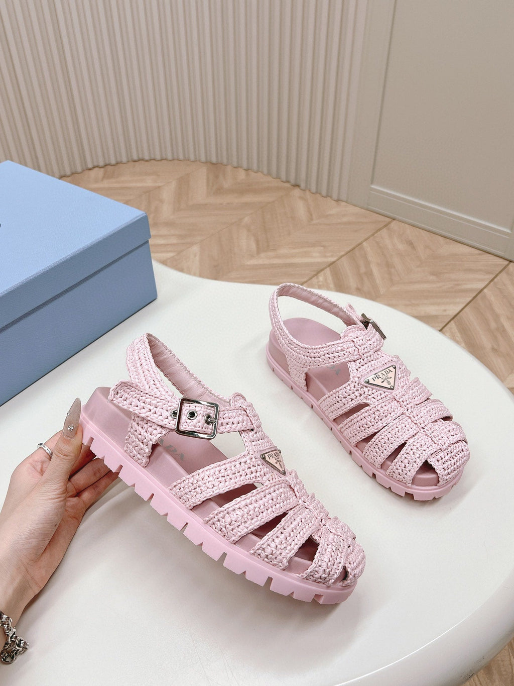 PRADA RUBBER FISHERMAN SANLS LIGHT PINK LAMBSKIN