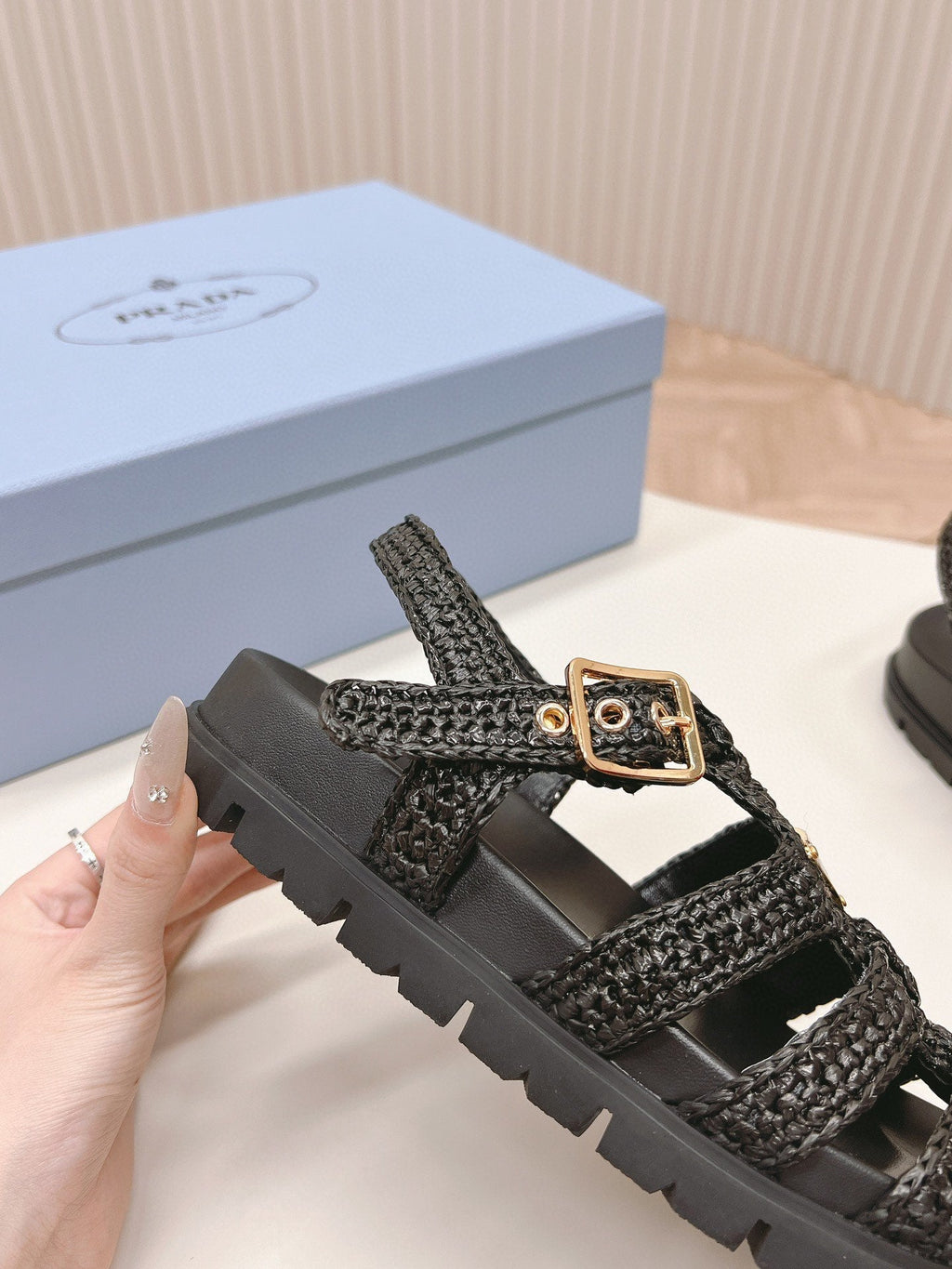 PRADA RUBBER FISHERMAN SANLS BLACK LAMBSKIN