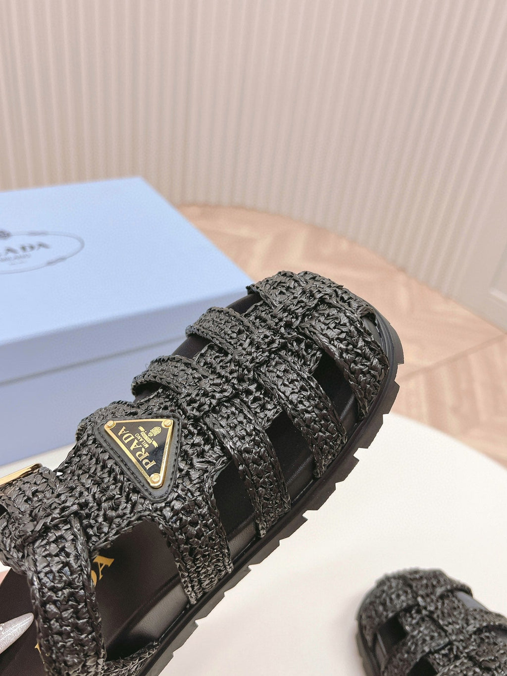 PRADA RUBBER FISHERMAN SANLS BLACK LAMBSKIN