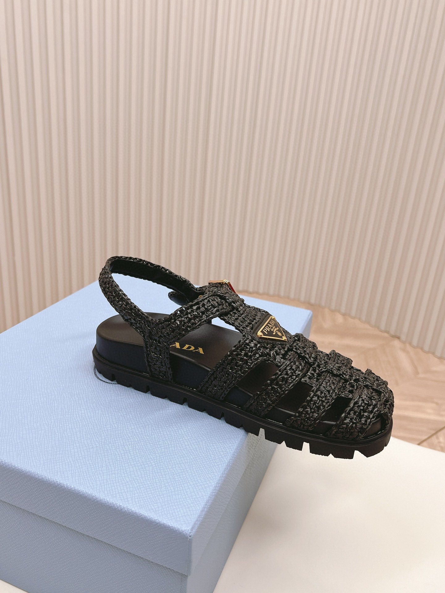 PRADA RUBBER FISHERMAN SANLS BLACK LAMBSKIN