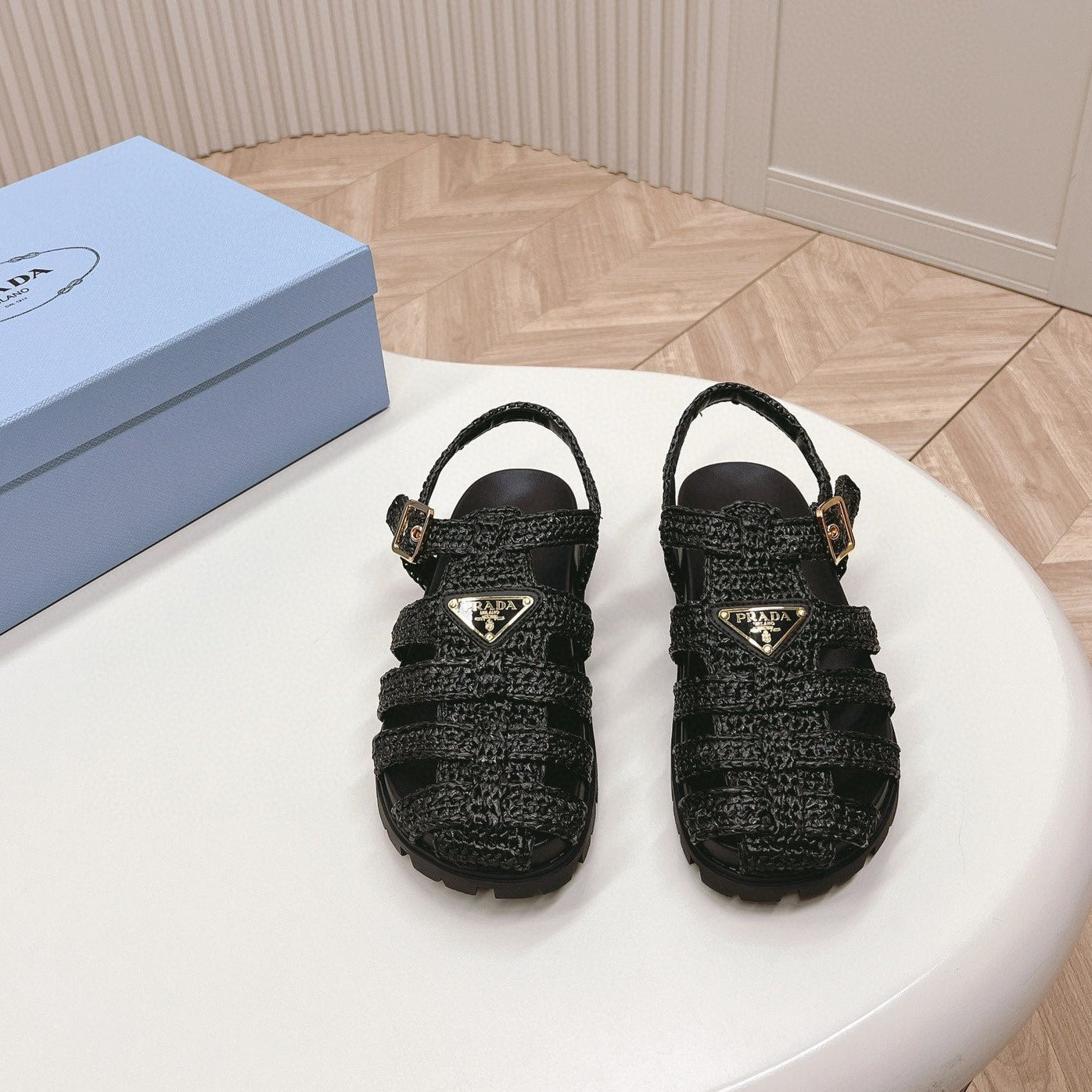 PRADA RUBBER FISHERMAN SANLS BLACK LAMBSKIN