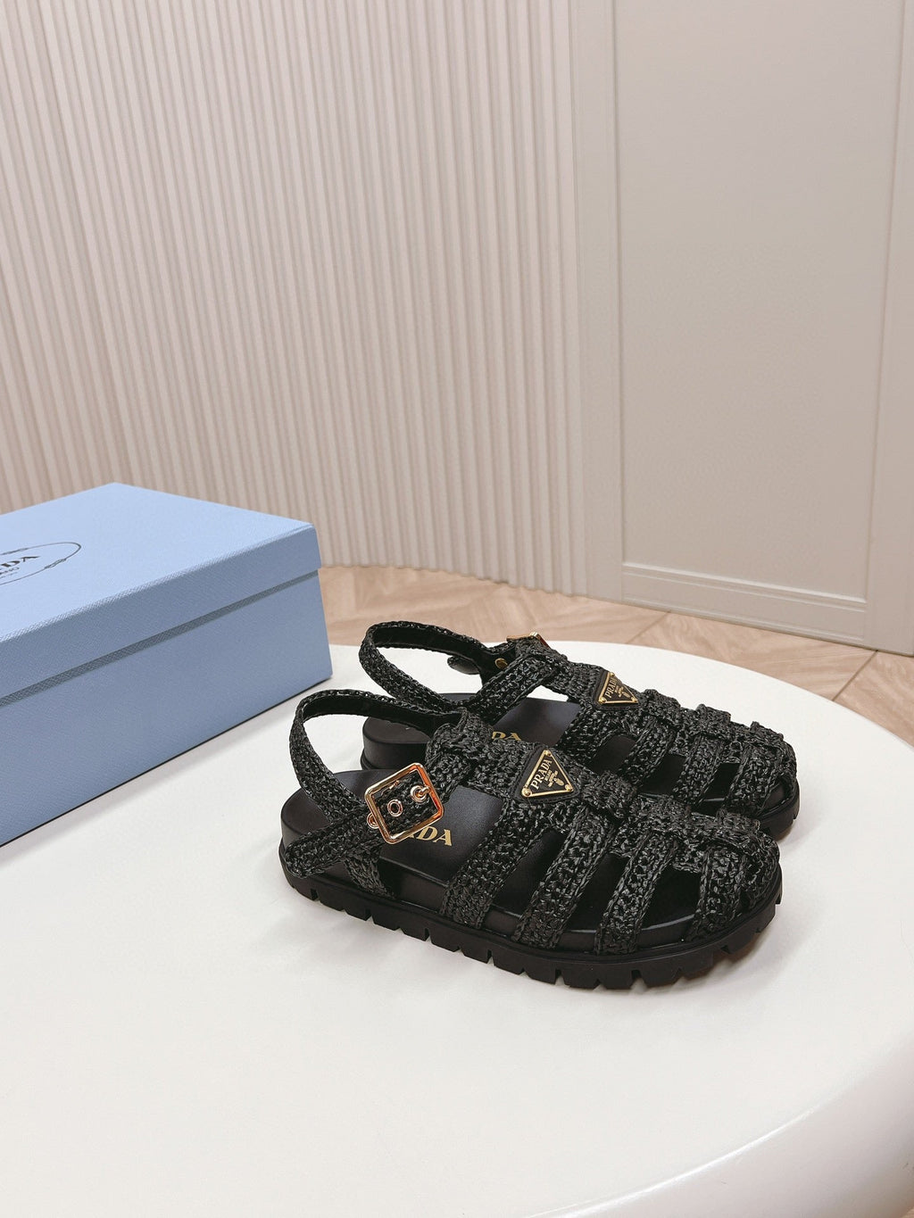 PRADA RUBBER FISHERMAN SANLS BLACK LAMBSKIN