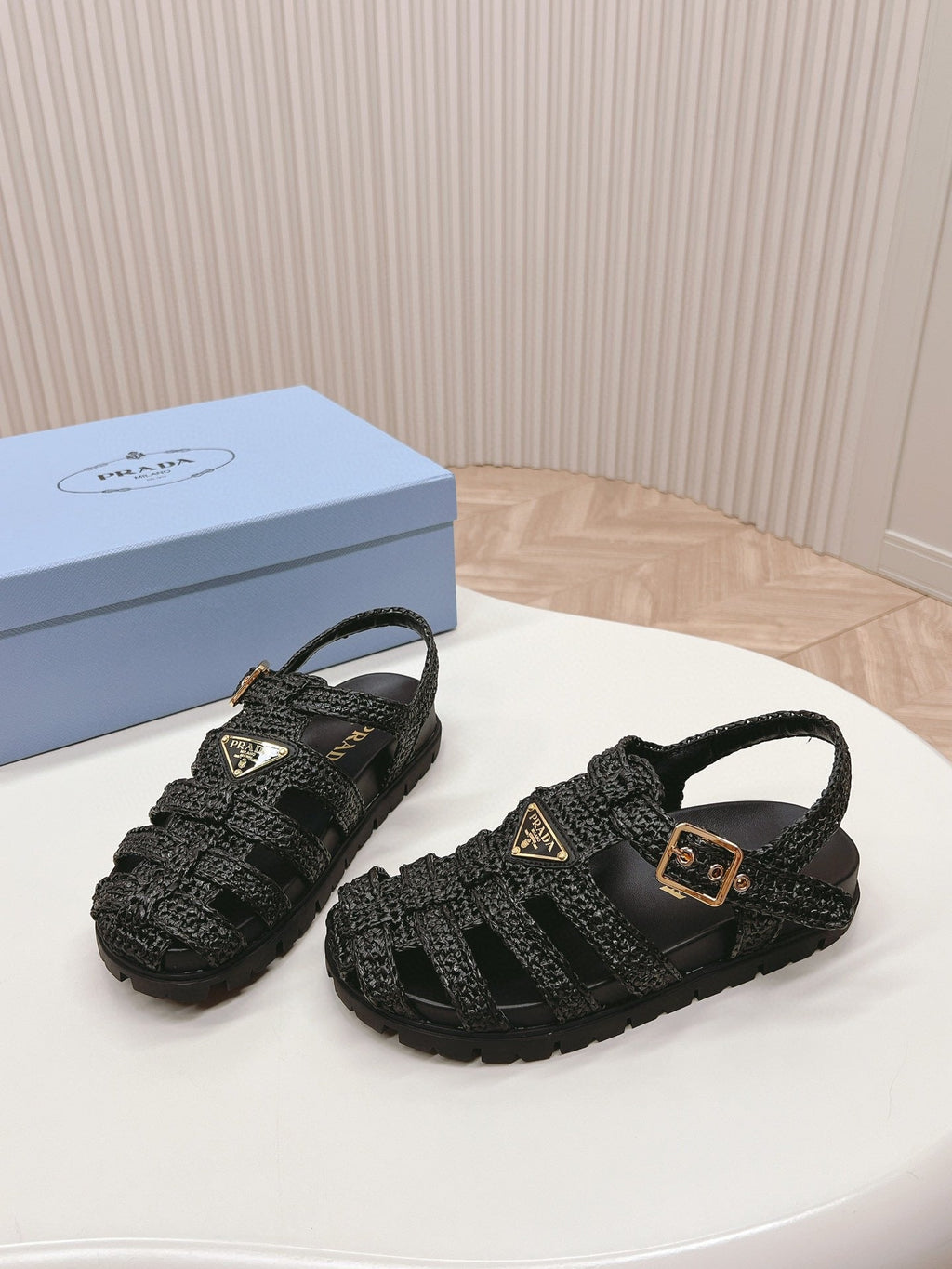 PRADA RUBBER FISHERMAN SANLS BLACK LAMBSKIN