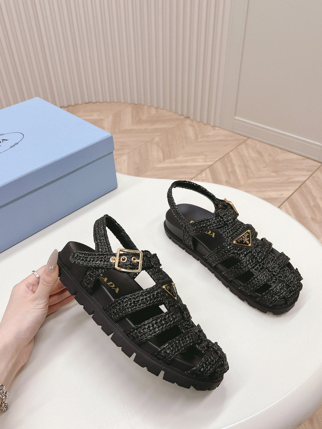 PRADA RUBBER FISHERMAN SANLS BLACK LAMBSKIN