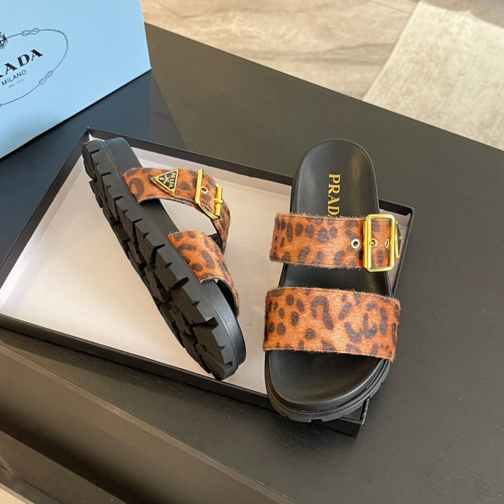 PRADA SLIDES SANLS BLACK AND LEOPARD MOTIF VELVET