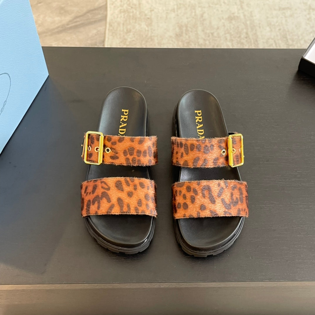 PRADA SLIDES SANLS BLACK AND LEOPARD MOTIF VELVET