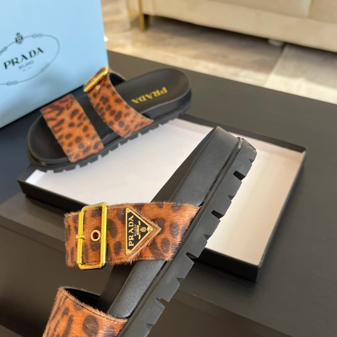 PRADA SLIDES SANLS BLACK AND LEOPARD MOTIF VELVET