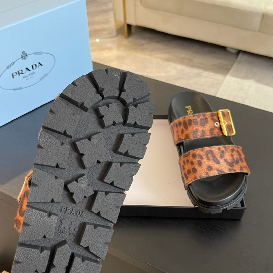 PRADA SLIDES SANLS BLACK AND LEOPARD MOTIF VELVET
