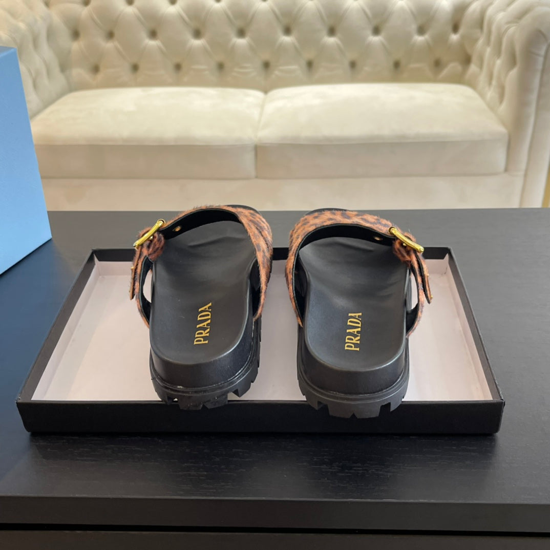 PRADA SLIDES SANLS BLACK AND LEOPARD MOTIF VELVET