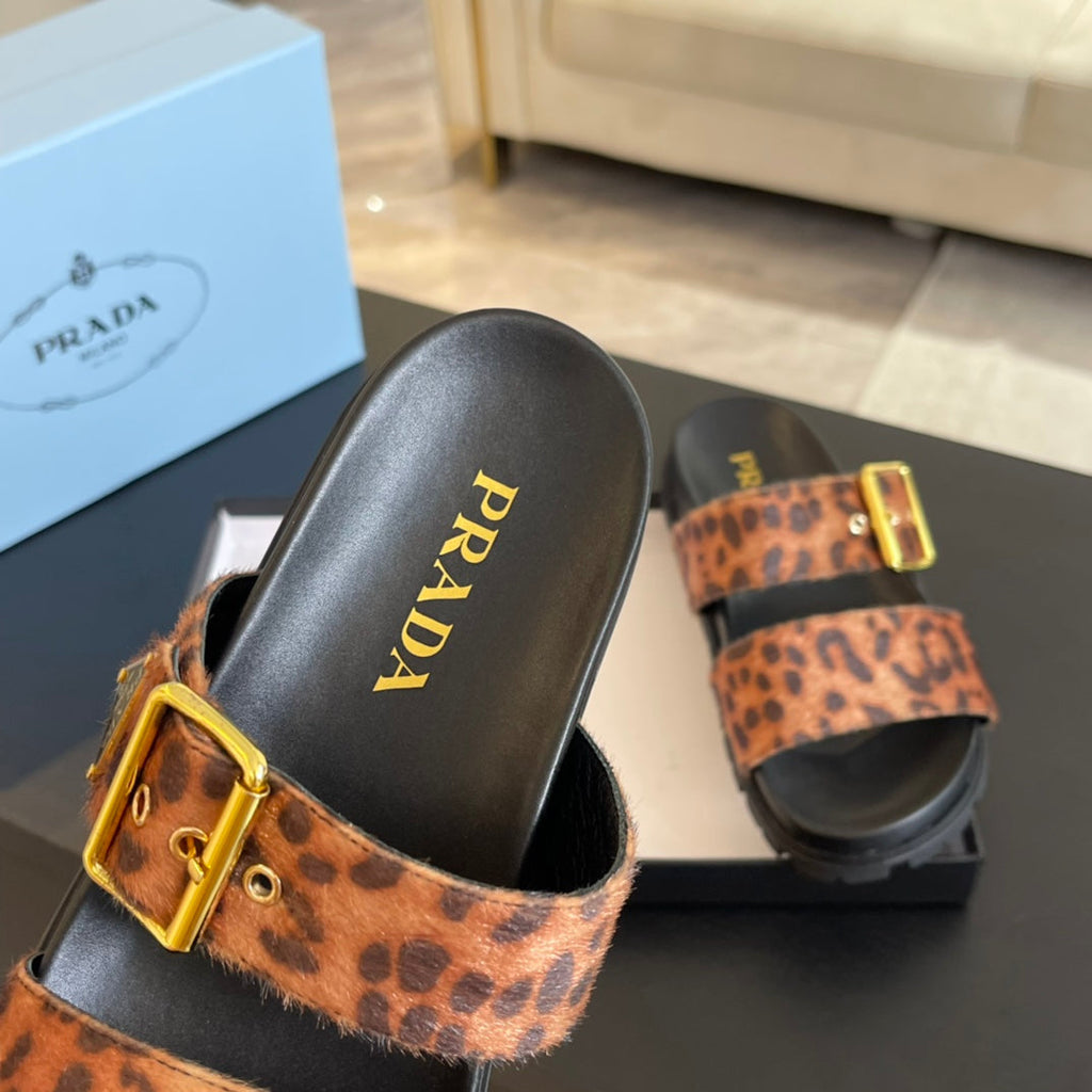 PRADA SLIDES SANLS BLACK AND LEOPARD MOTIF VELVET
