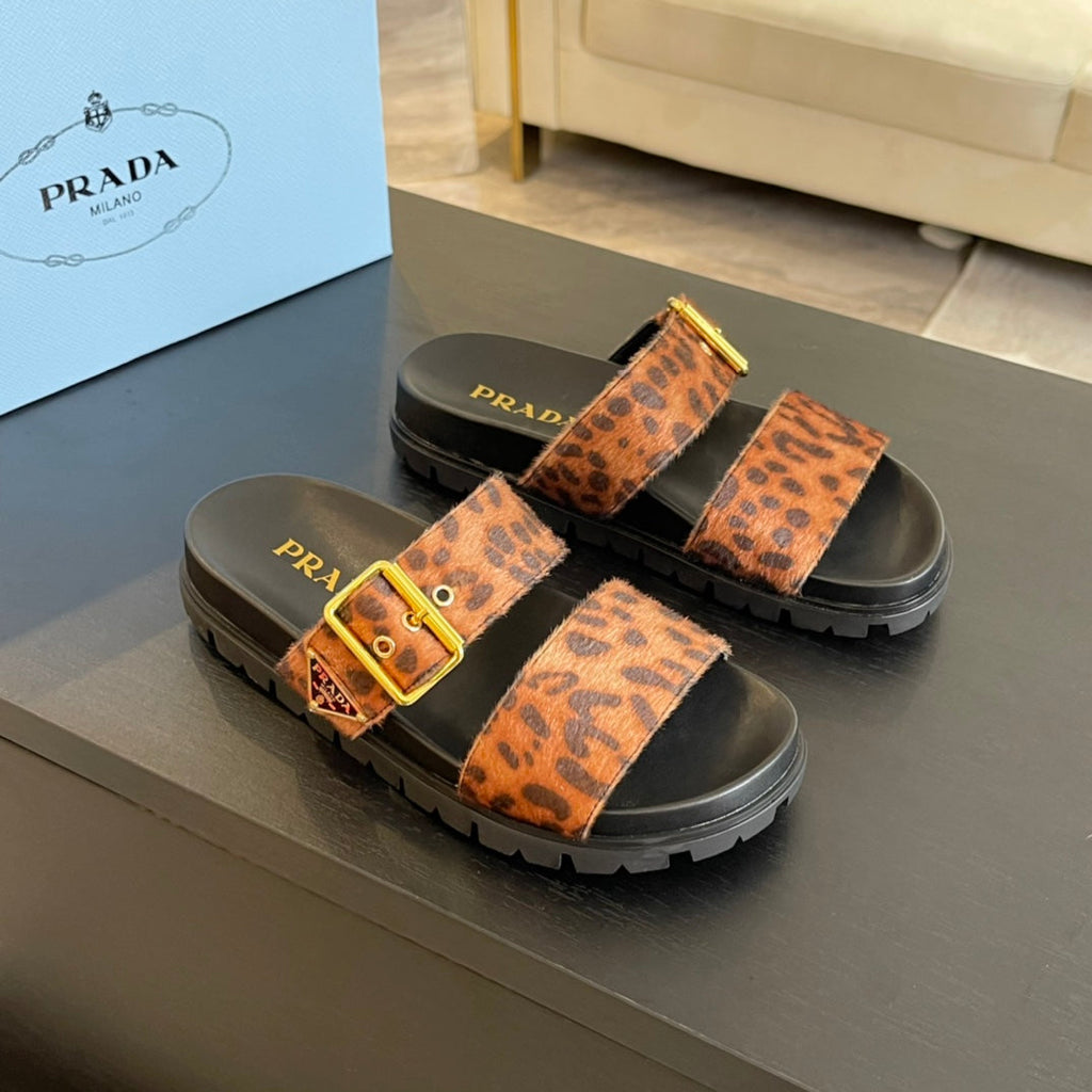PRADA SLIDES SANLS BLACK AND LEOPARD MOTIF VELVET