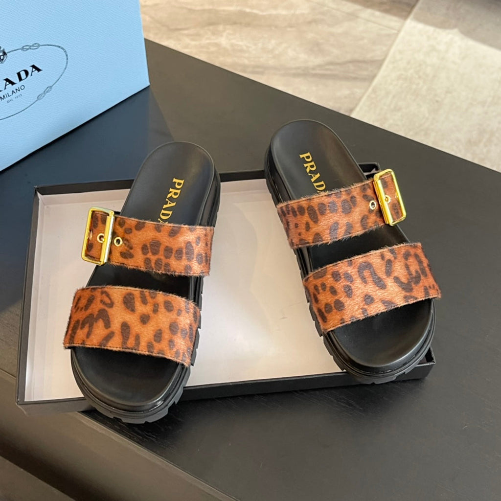 PRADA SLIDES SANLS BLACK AND LEOPARD MOTIF VELVET
